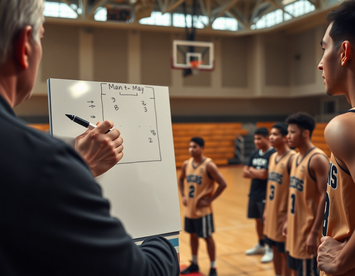 Primo piano sulle mani dell'allenatore che disegnano schemi basket attacco uomo su una lavagna, mentre la squadra osserva.