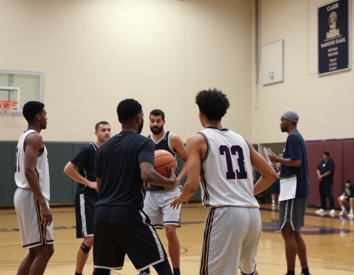 Contro-gioco ravvicinato: giocatori eseguono schemi basket attacco uomo vicino al arco, mentre l'allenatore osserva con una clipboard.