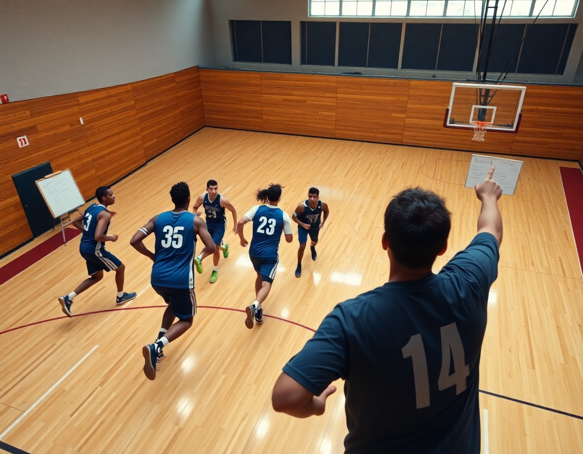 Inquadratura dall'alto: giocatori in transizione eseguono schemi basket attacco uomo durante l'allenamento.