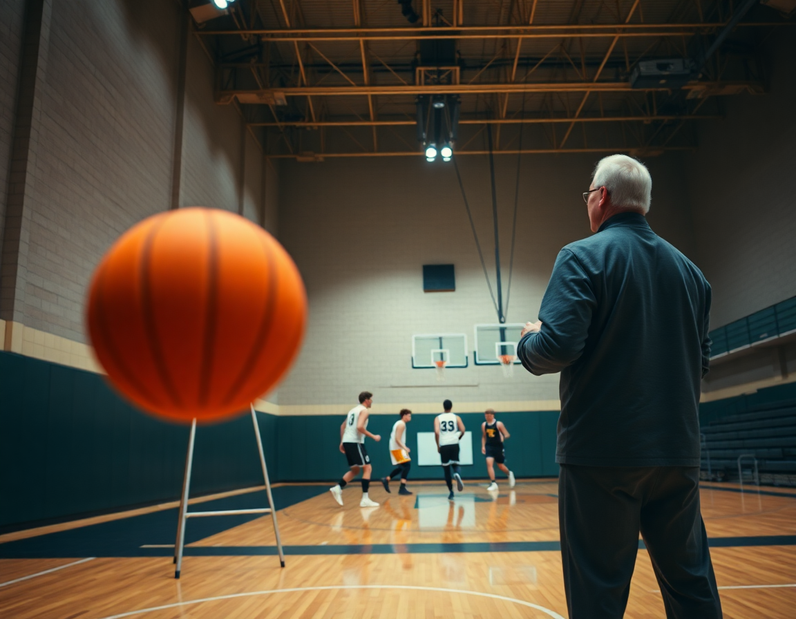 Scena di schemi basket in inglese in palestra, coach con lavagna tattica e pallone arancione.