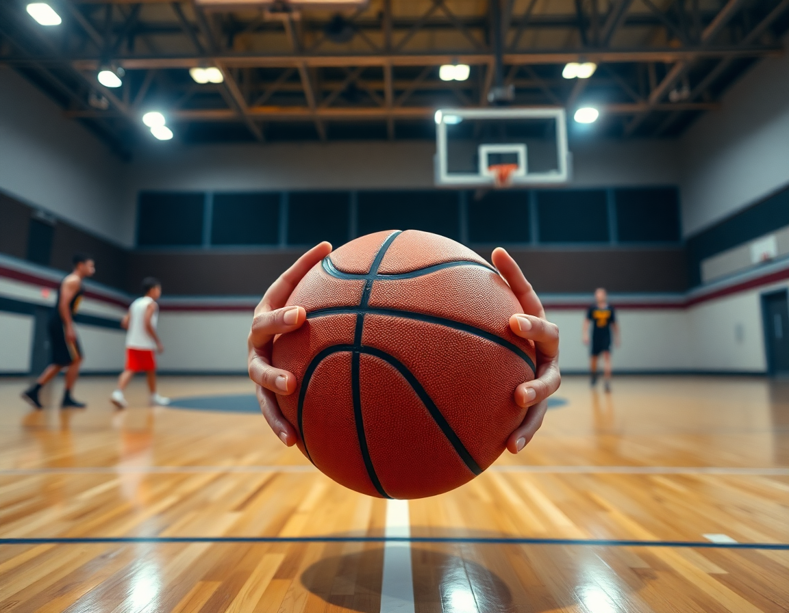 Primo piano su mani e pallone durante un drill di schemi basket in inglese sul parquet.