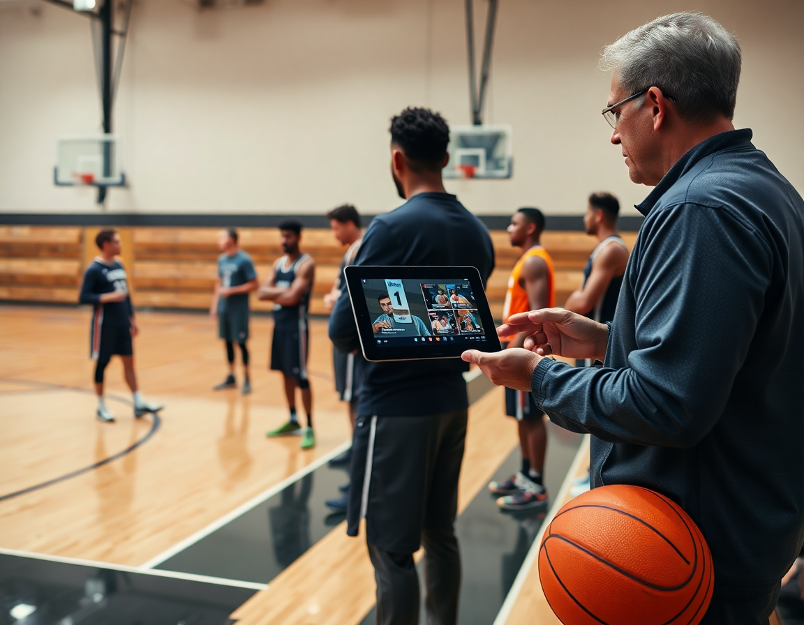 Clip video di schemi basket in inglese su tablet mentre i giocatori osservano sul parquet.