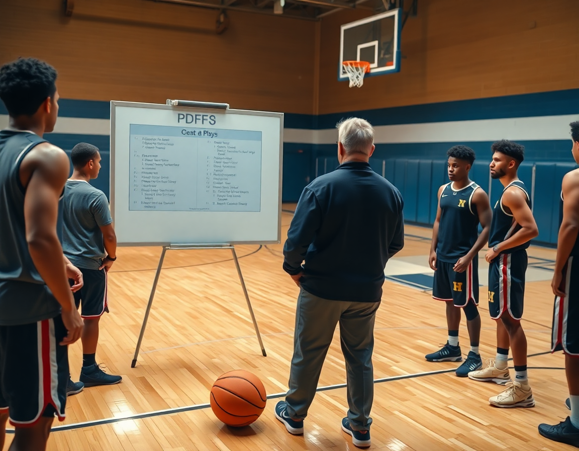 In primo piano: coach carica un PDF di schemi sul whiteboard digitale mentre i giocatori osservano.