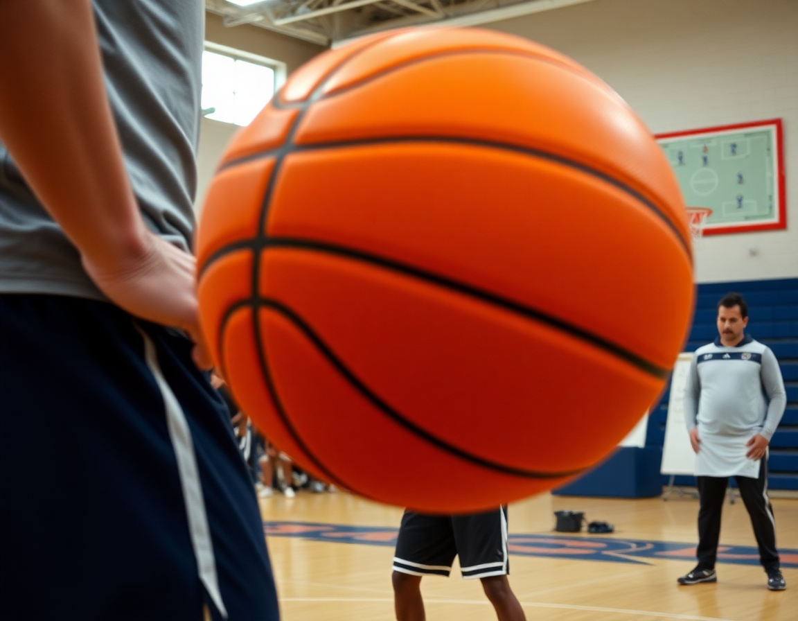 Plano ravvicinato al pallone arancione mentre due giocatori eseguono schemi basket pick and roll.