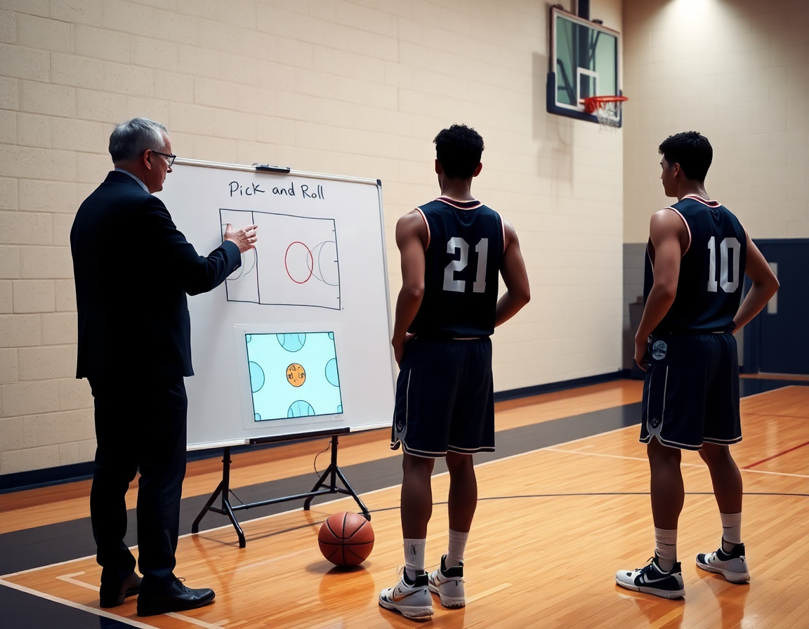 Il coach con lavagna e tablet mostrano schemi basket pick and roll durante l'allenamento a squadra.