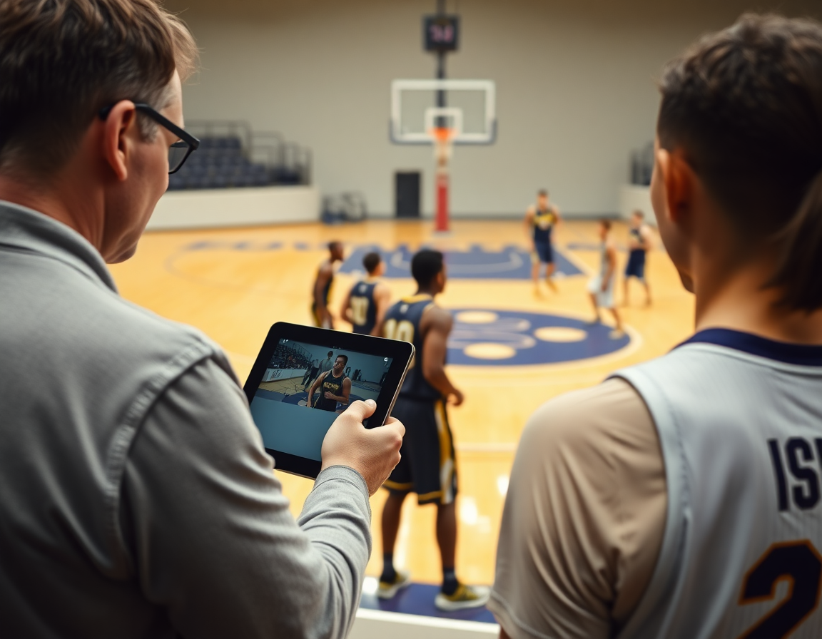 Scouting e contromisure: squadra osserva clip su tablet mentre eseguono schemi basket pick and roll.