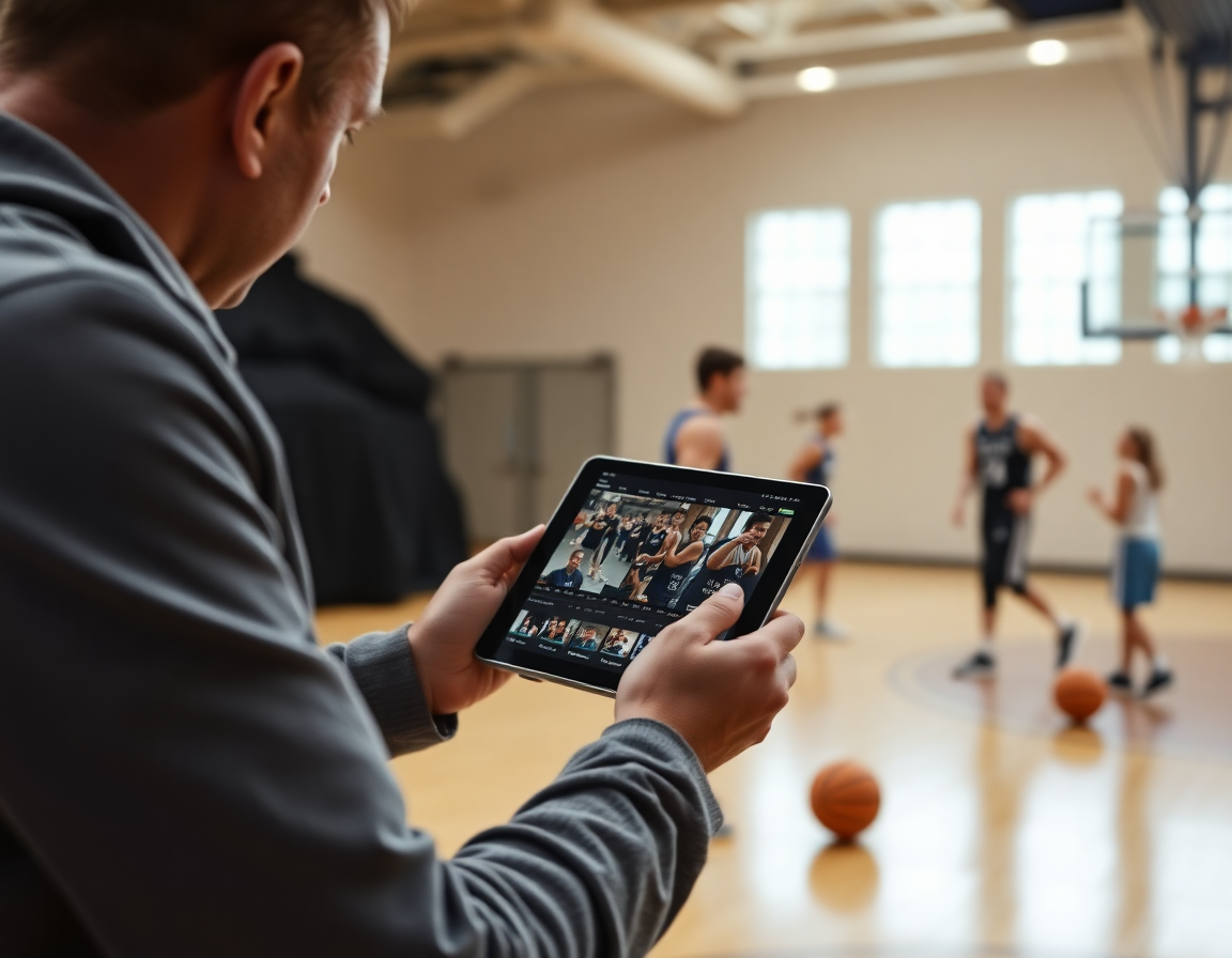 Allenatore guarda clip video su tablet mentre i giocatori eseguono schemi basket semplici durante l'allenamento.