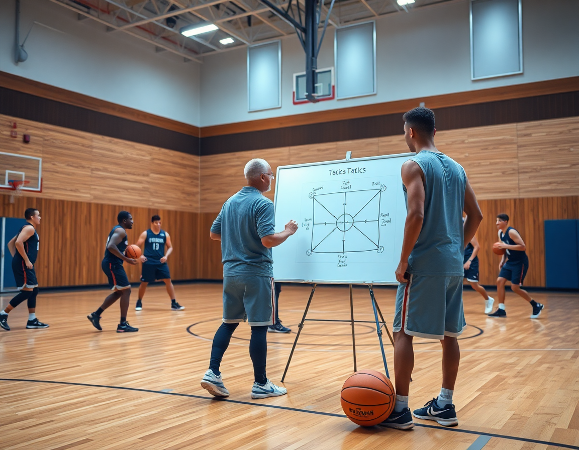 Allenatore guida schemi difesa basket su lavagna tattica durante allenamento con giocatori in magliette semplici.