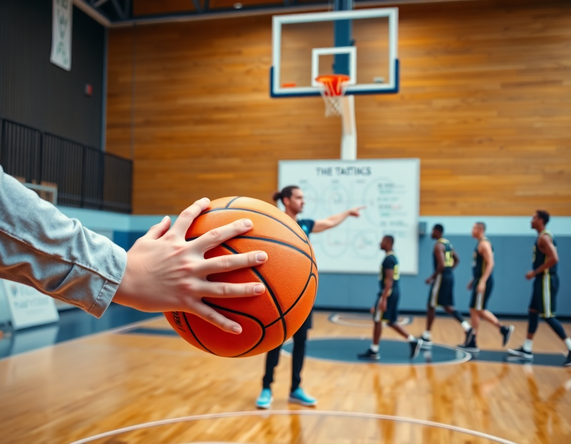 Primo piano mani e pallone mentre l'allenatore indica schemi difesa basket sulla lavagna tattica.