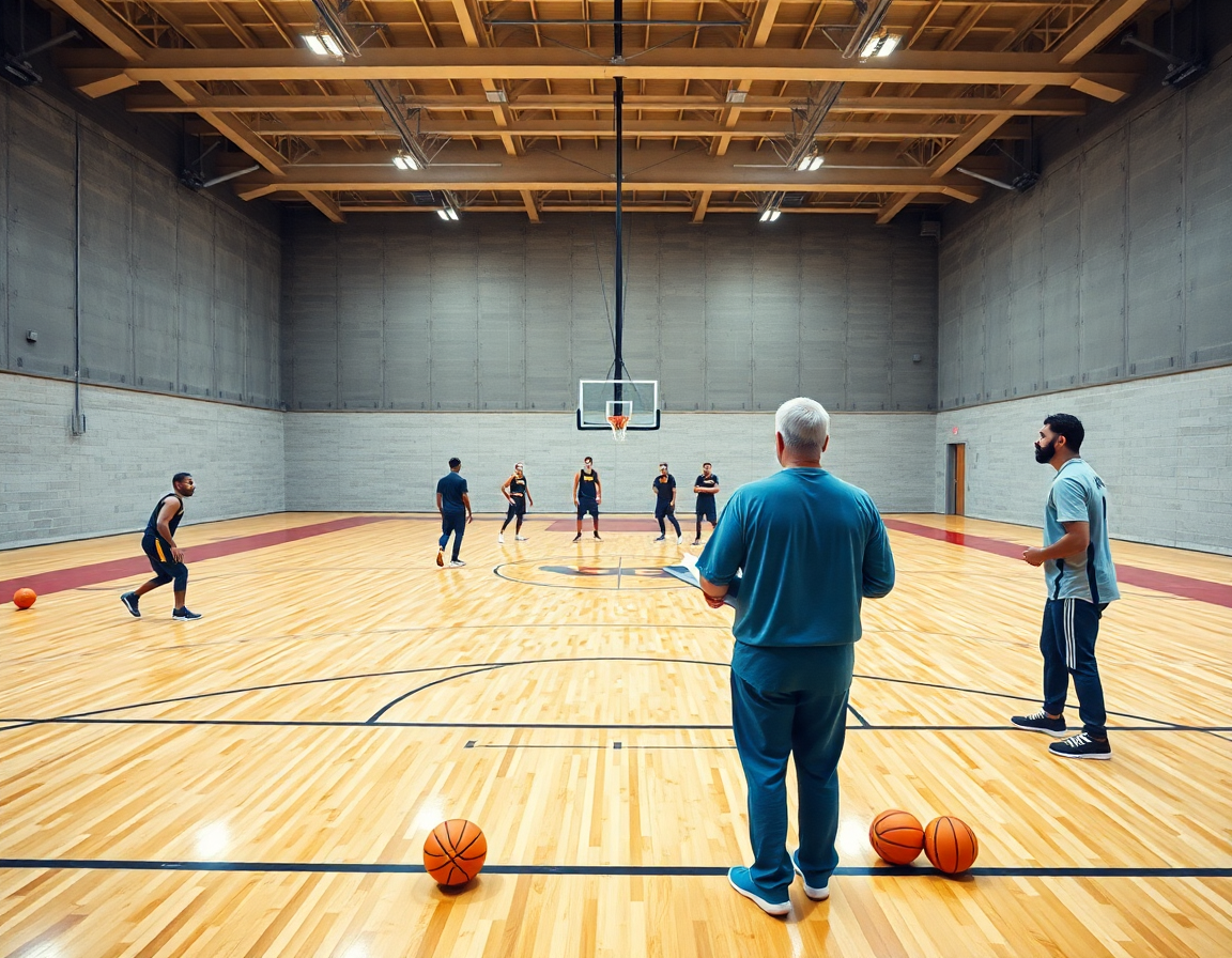 Scena ampia di basketball con cinque giocatori in azione e coach al margine che indica schemi difesa basket.