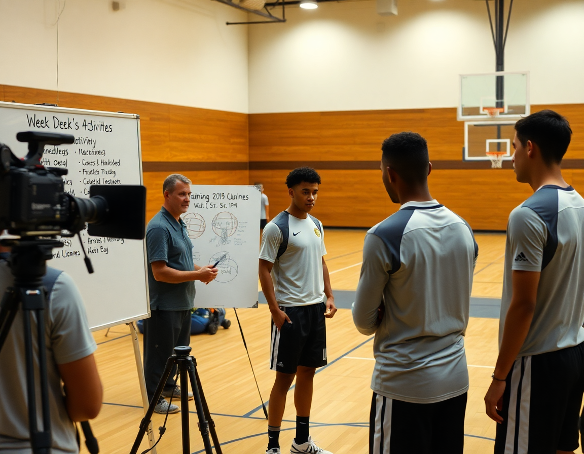 Scouting basket sulle note settimanali: coach e giocatori discutono obiettivi vicino al tabellone.