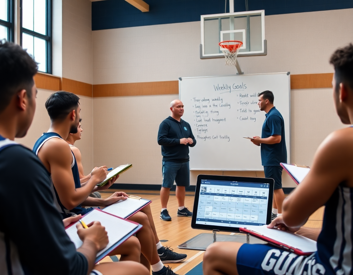Settimana di basketball per scuola basket nocera inferiore: allenatore e squadra pianificano.