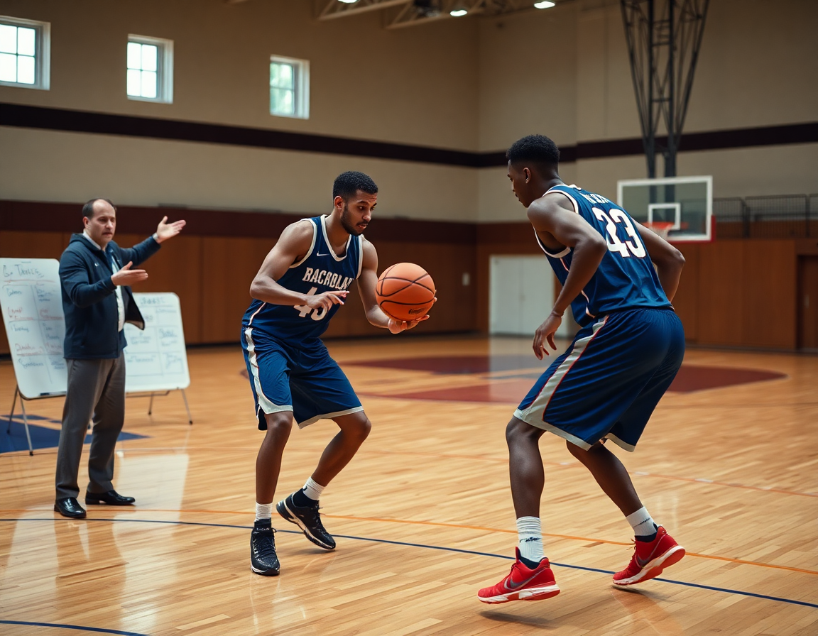 Primo piano su due giocatori in pick and roll vicino al perimetro, coach indica sul whiteboard tattico basketball.