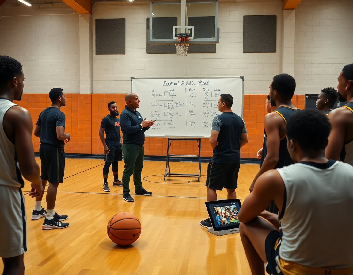 Allenatore espone il piano settimanale del pick and roll su una lavagna bianca basketball.