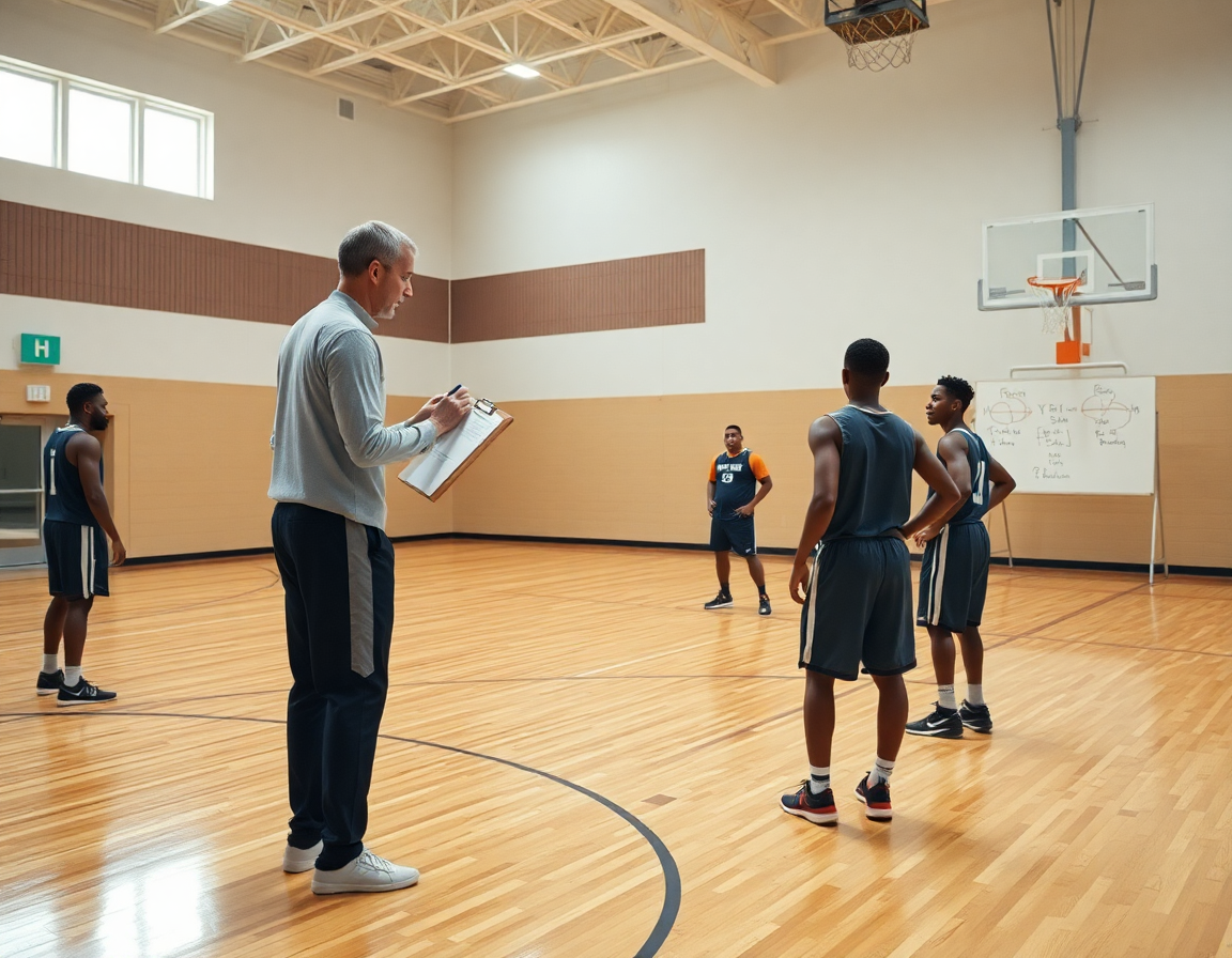 Allenatore con clipboard guida giocatori di basketball attraverso una drill settimanale di statistica basket.