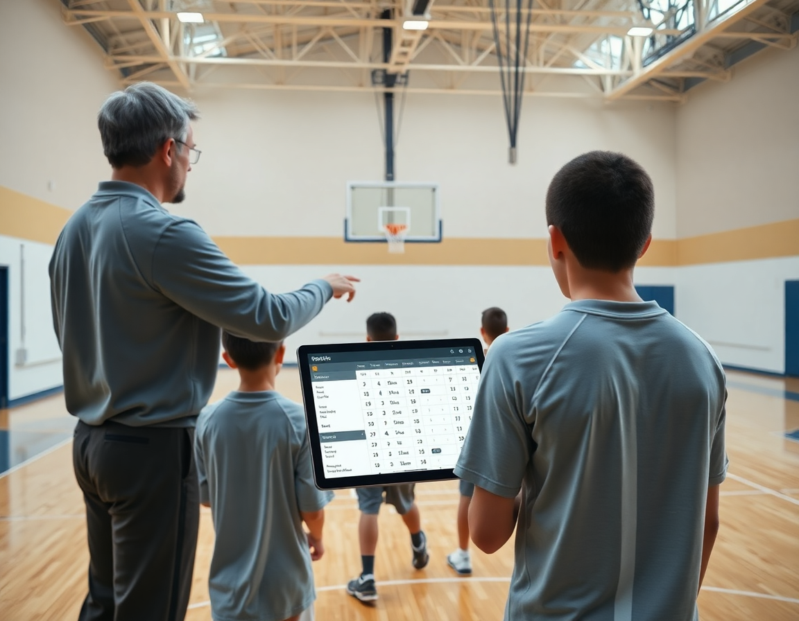 Scena di statistiche basket giovanile che guidano la settimana di allenamento della squadra di basketball.