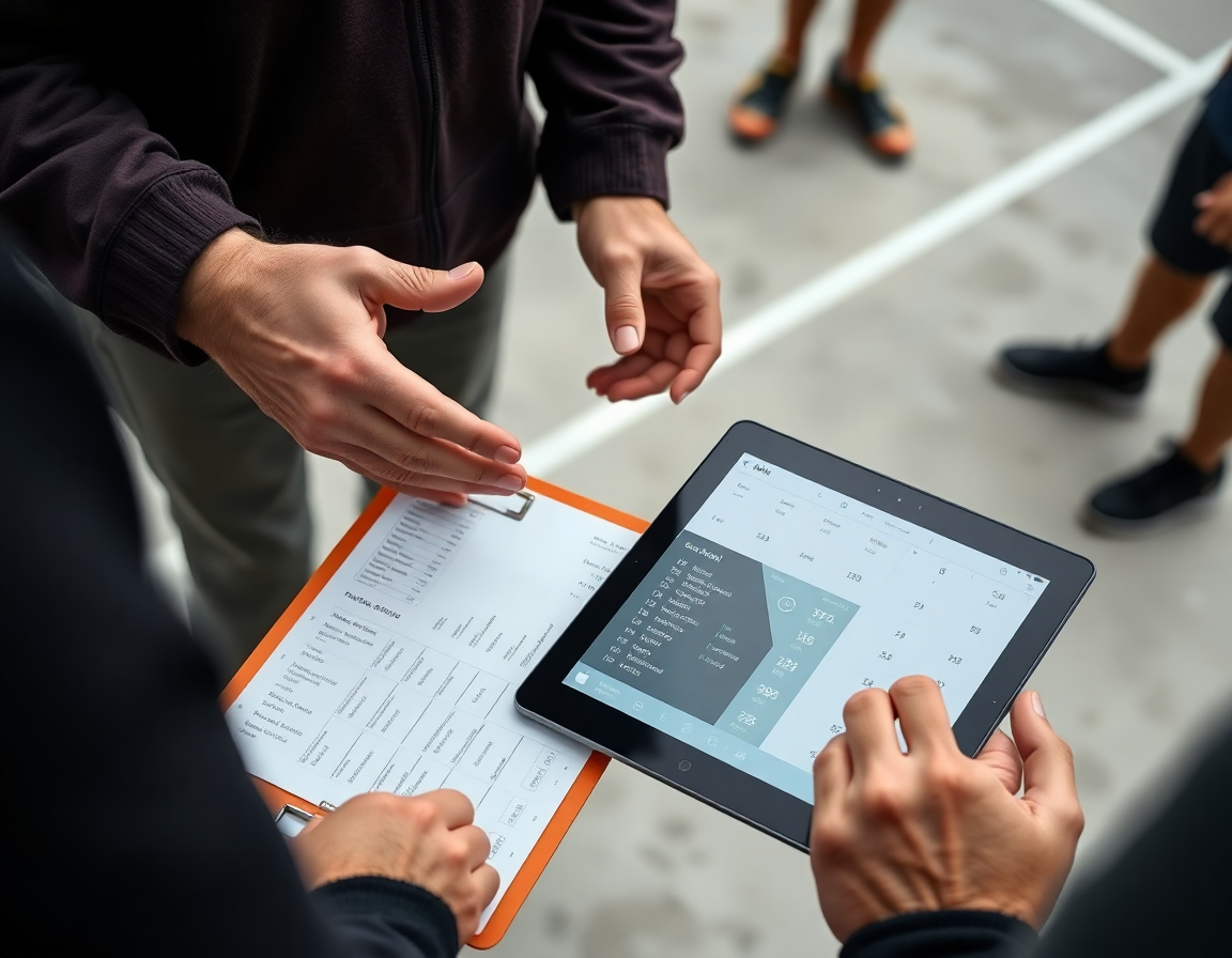 Dettaglio mani del coach e tablet con statistiche basket esterne durante l'allenamento.