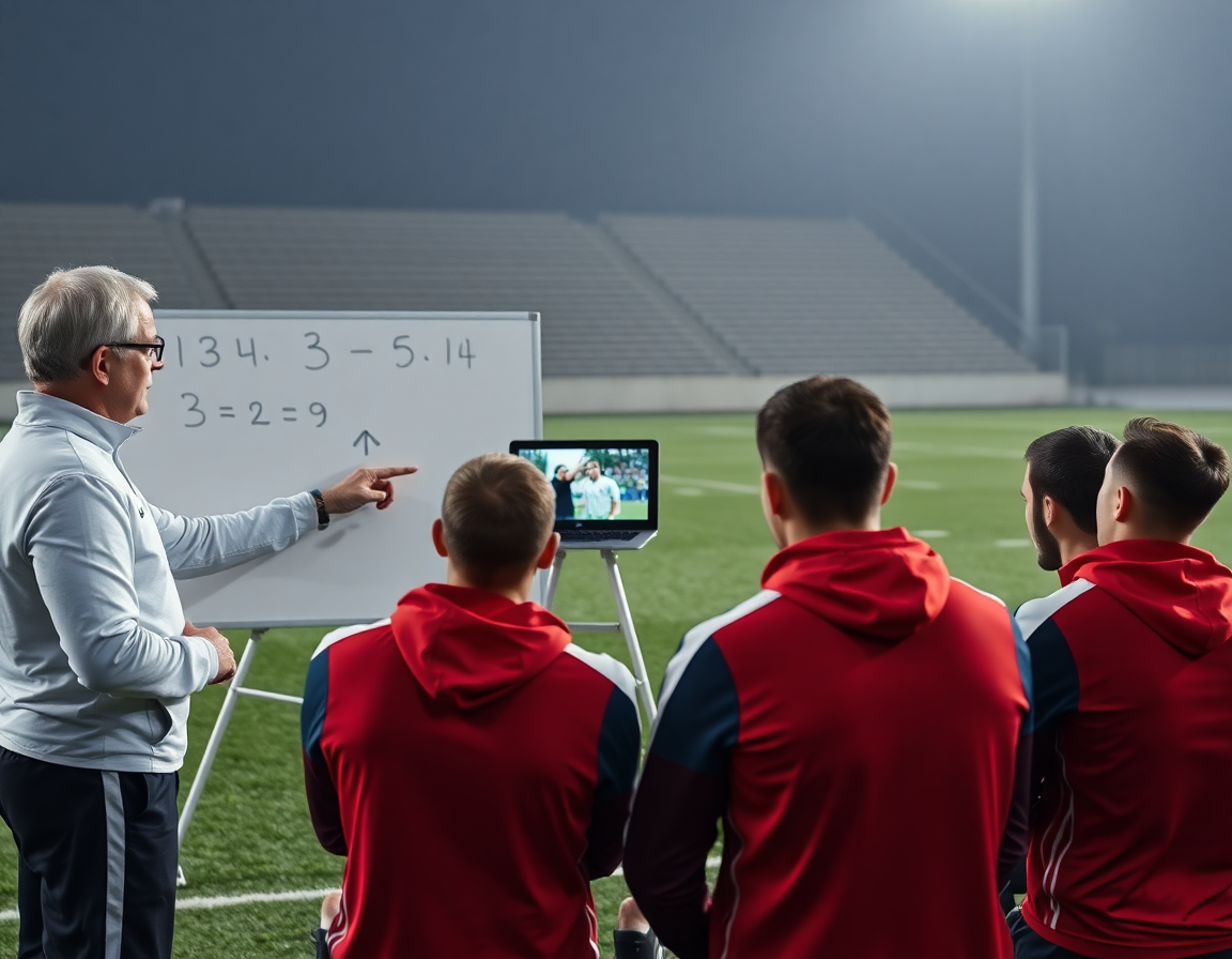 Angolo laterale: lavagna con numeri e frecce, mentre clip di statistiche basket appaiono sul laptop.