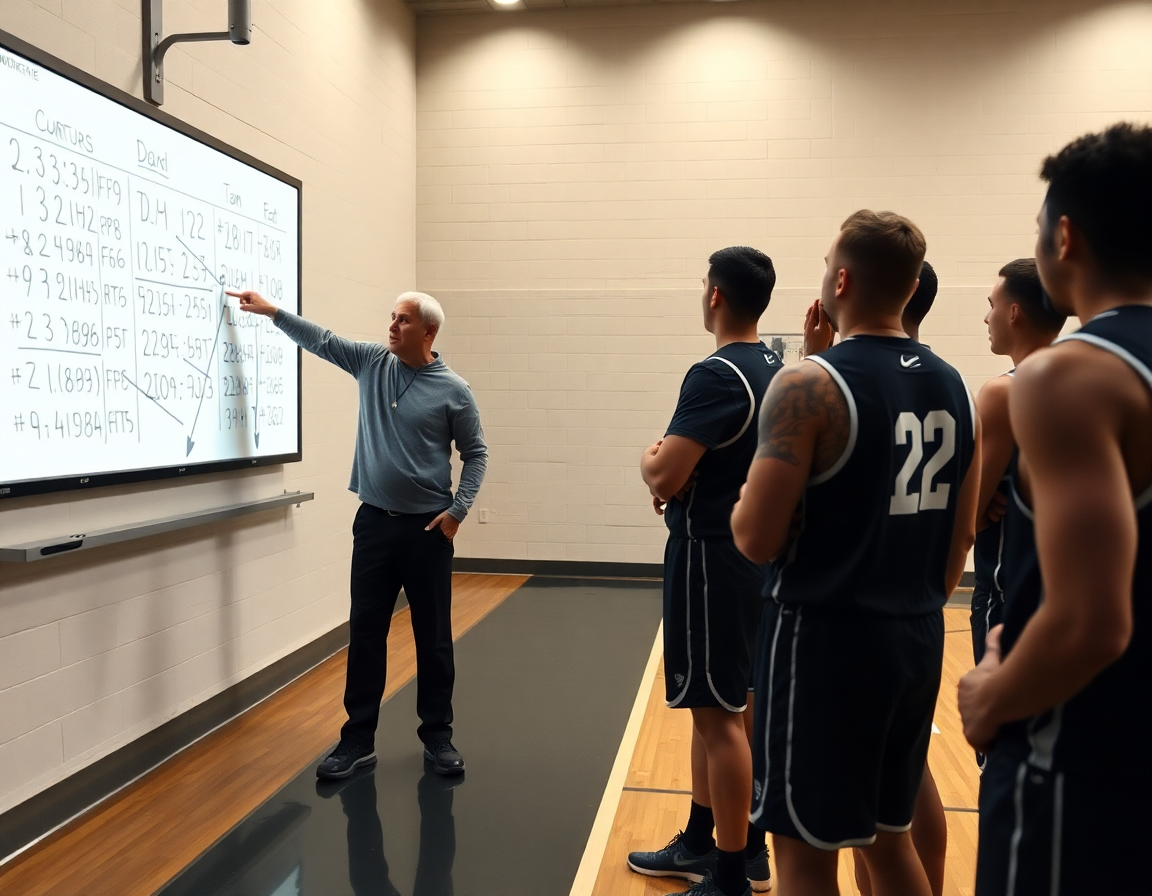 Scorcio sullo schermo proiettore che mostra clip di statistiche basket e note tattiche accanto alla lavagna.