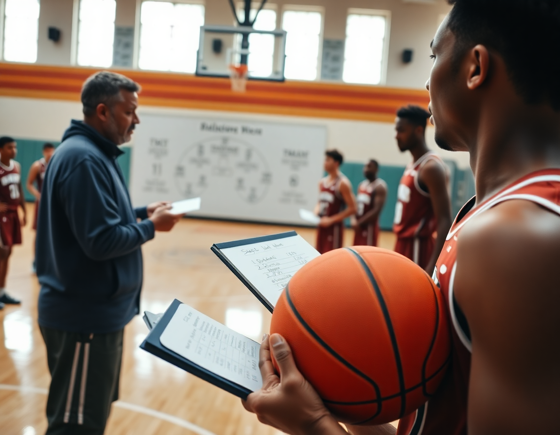 Primo piano su un giocatore che tiene un pallone arancione, coach spiega statistiche in palestra basketball.