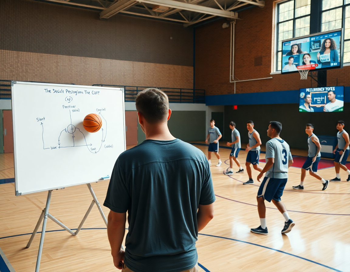 Allenatore disegna una semplice sequenza su lavagna mentre i giocatori eseguono una routine basketball sul campo.