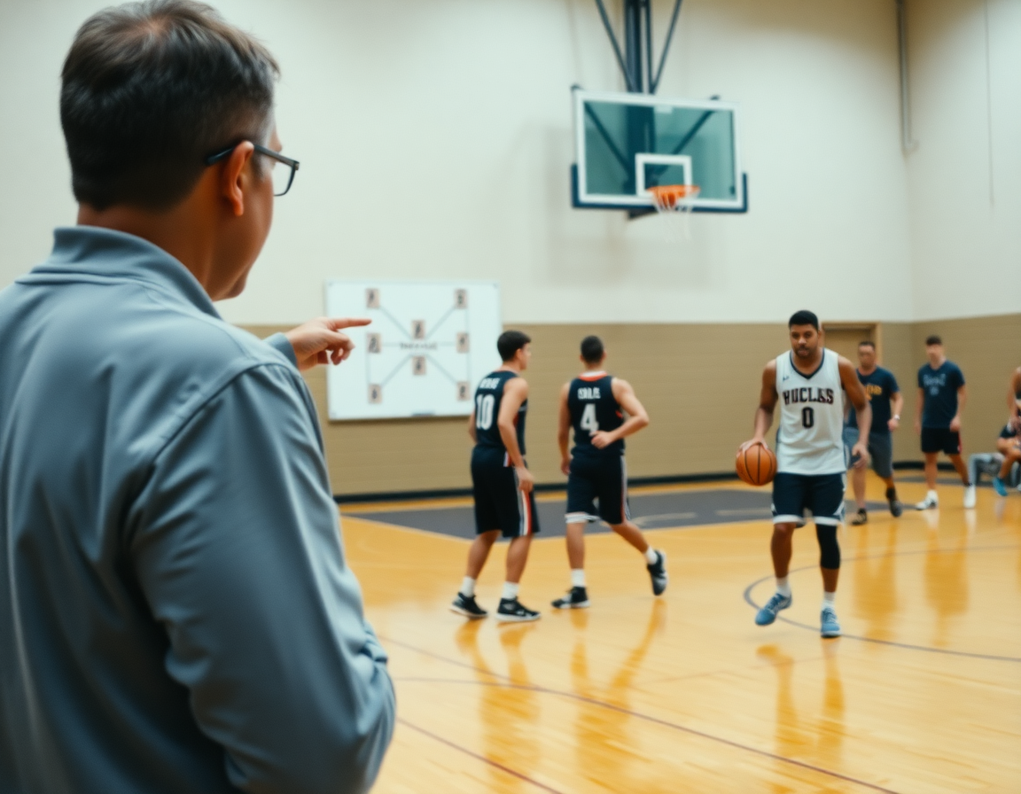 Primo piano sul lato campo durante un allenamento di pallacanestro: coach indica il pick and roll sulla lavagna.