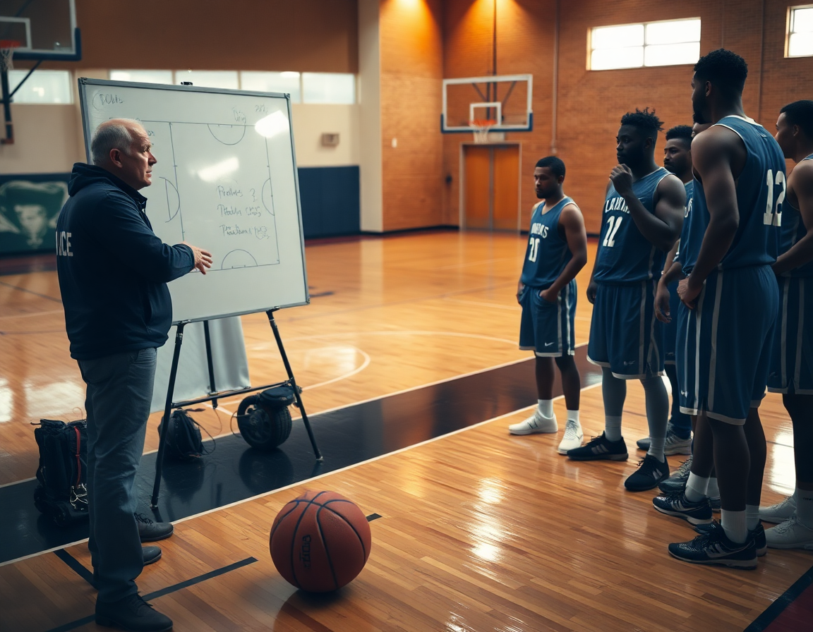 Allenatore vicino a una whiteboard tattica mentre giocatori ascoltano durante l'allenamento di basketball.