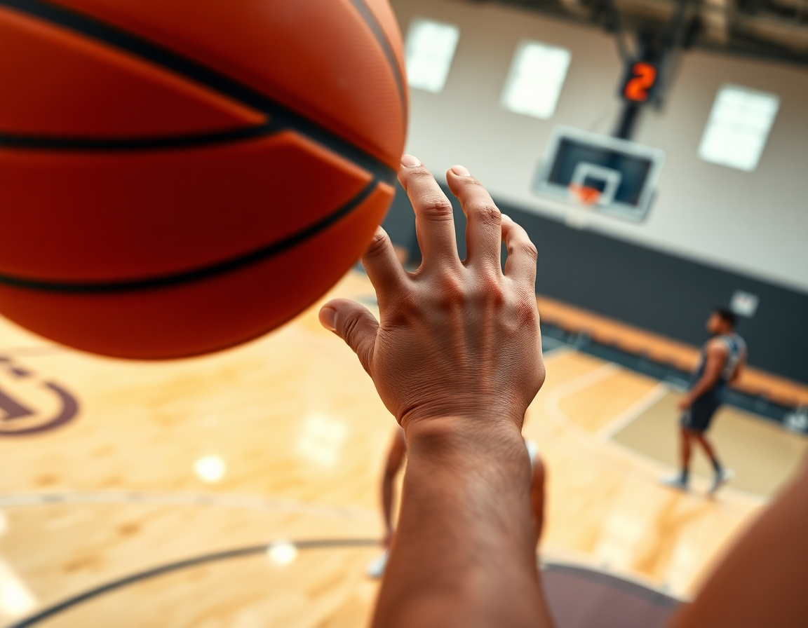 Primo piano sulle mani che afferrano una basketball arancione durante un allenamento.