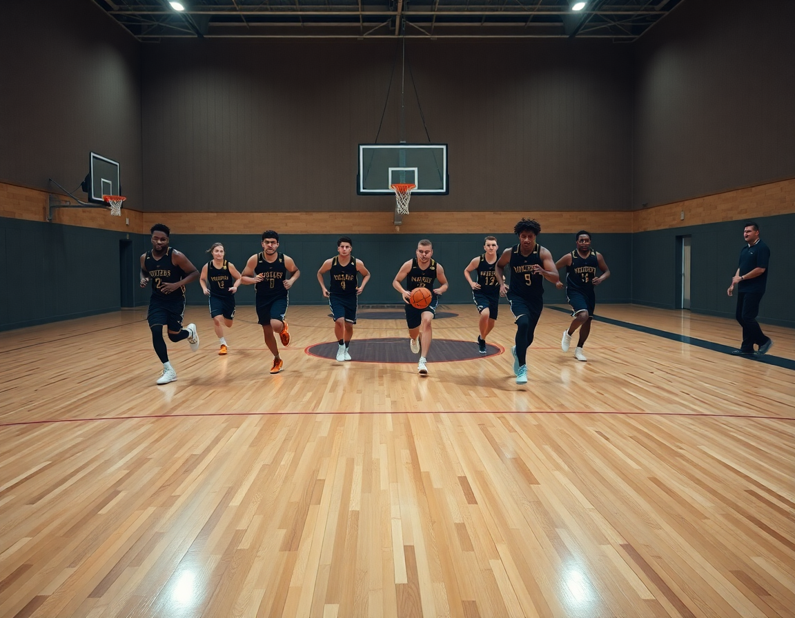 Gruppo di giocatori che corre una esercitazione di basketball sul half court.