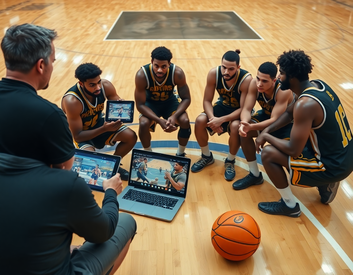 Guarda clip video timnas basket u18 indonesia mentre la squadra annota tattiche sul parquet.