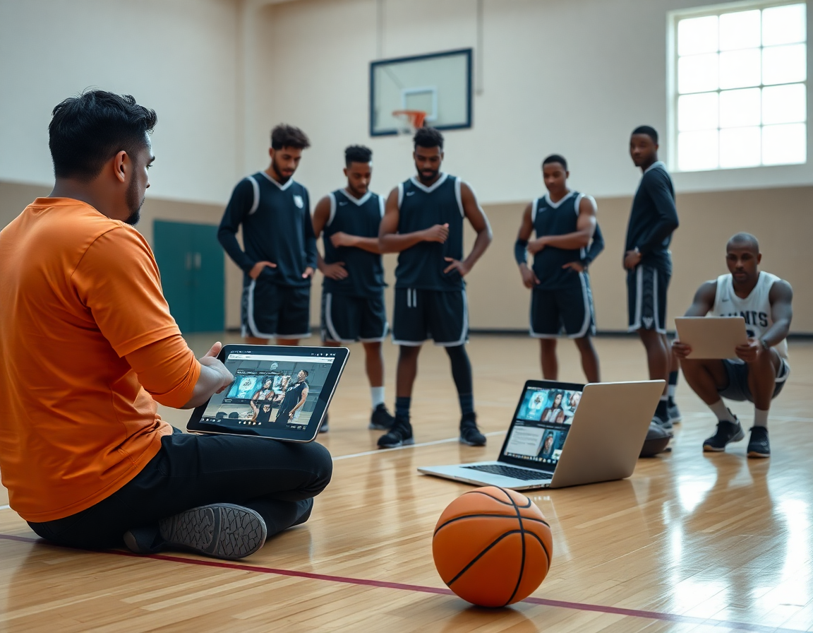 Guarda clip video timnas basket u18 indonesia mentre la squadra annota tattiche sul parquet.