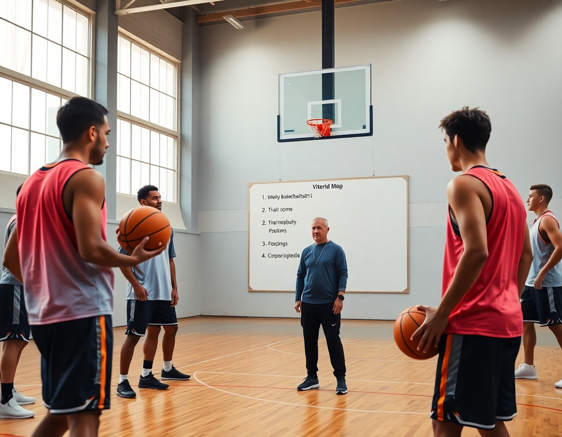 Allenatore timnas basket u16 indonesia con lavagna tattica mostra cinque passaggi per la settimana di basket.