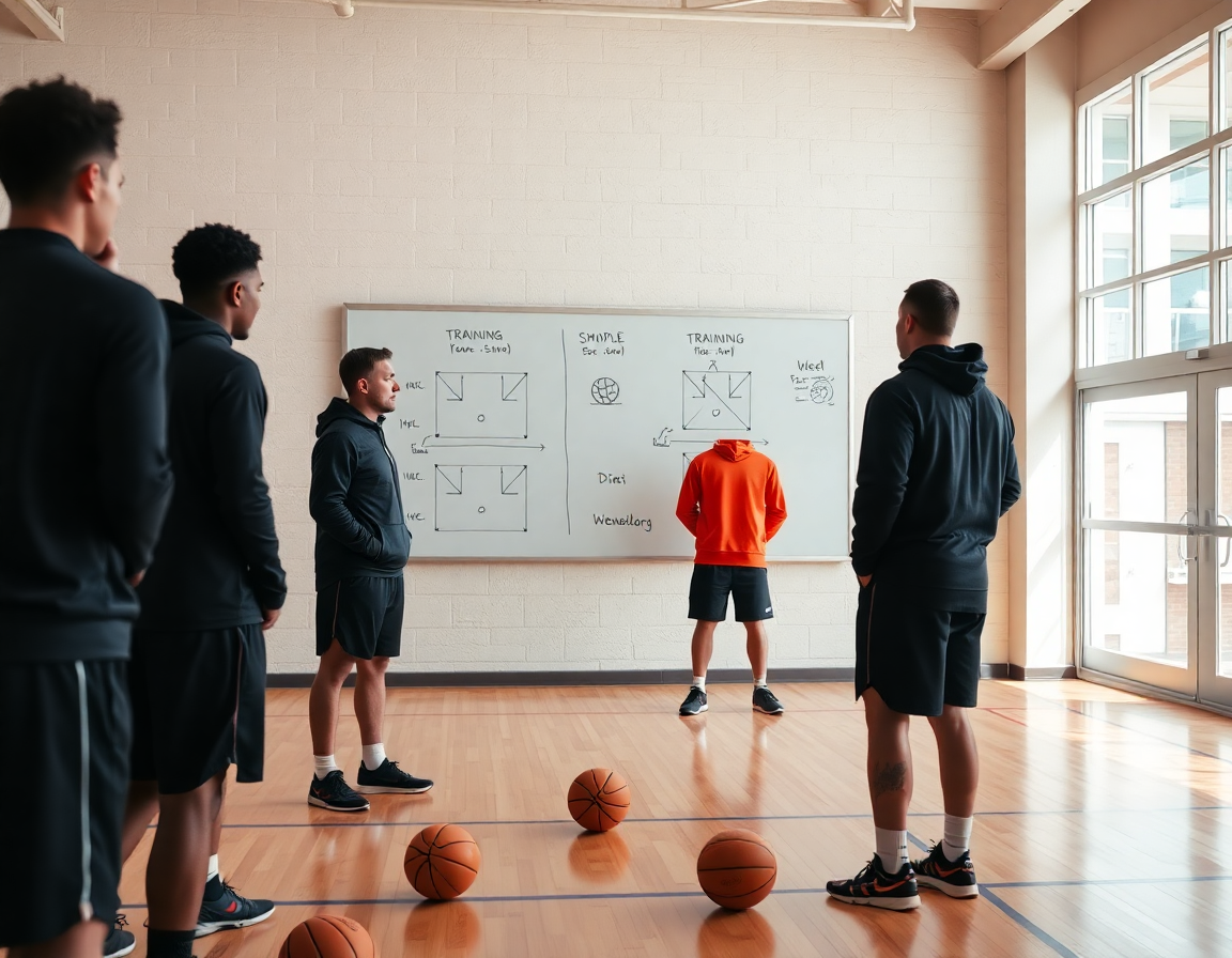 Coach indica i blocchi di allenamento e tabelle tattiche sul lavagna durante una sessione di basket.
