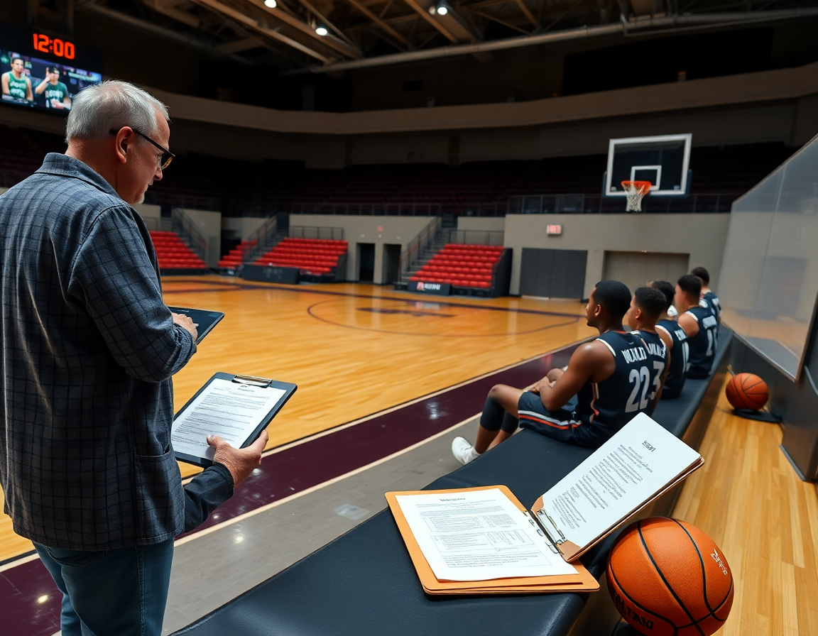 Analisi rivali: coach mostra note di scouting su tablet mentre i giocatori osservano.