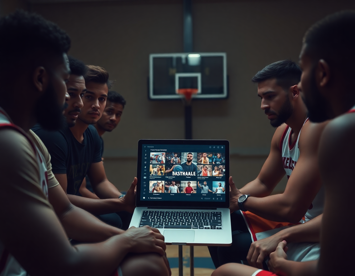 Igrači gledaju video playlistu na laptopu dok trener koristi elektronska košarkaška tabla sa brojačem za sledeći snimak.