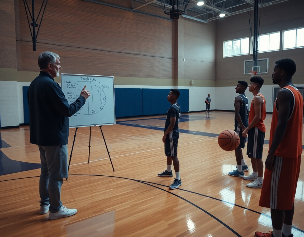 Snima se trener dok koristi tablu i video zapis da objasni fiba pravila kosarke igračima.