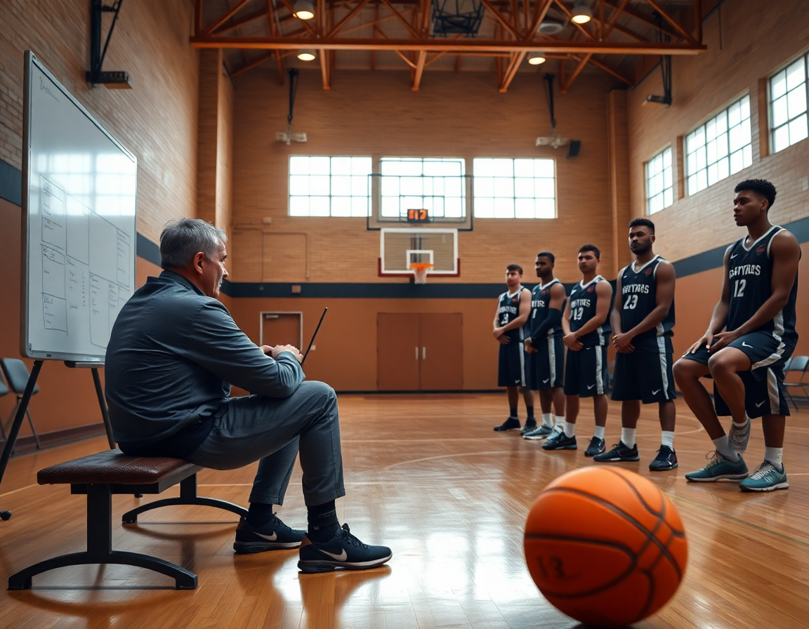 Trener sedi uz klupu dok na laptopu prikazuje video klip, a basketball igrači pažljivo gledaju u teretani.