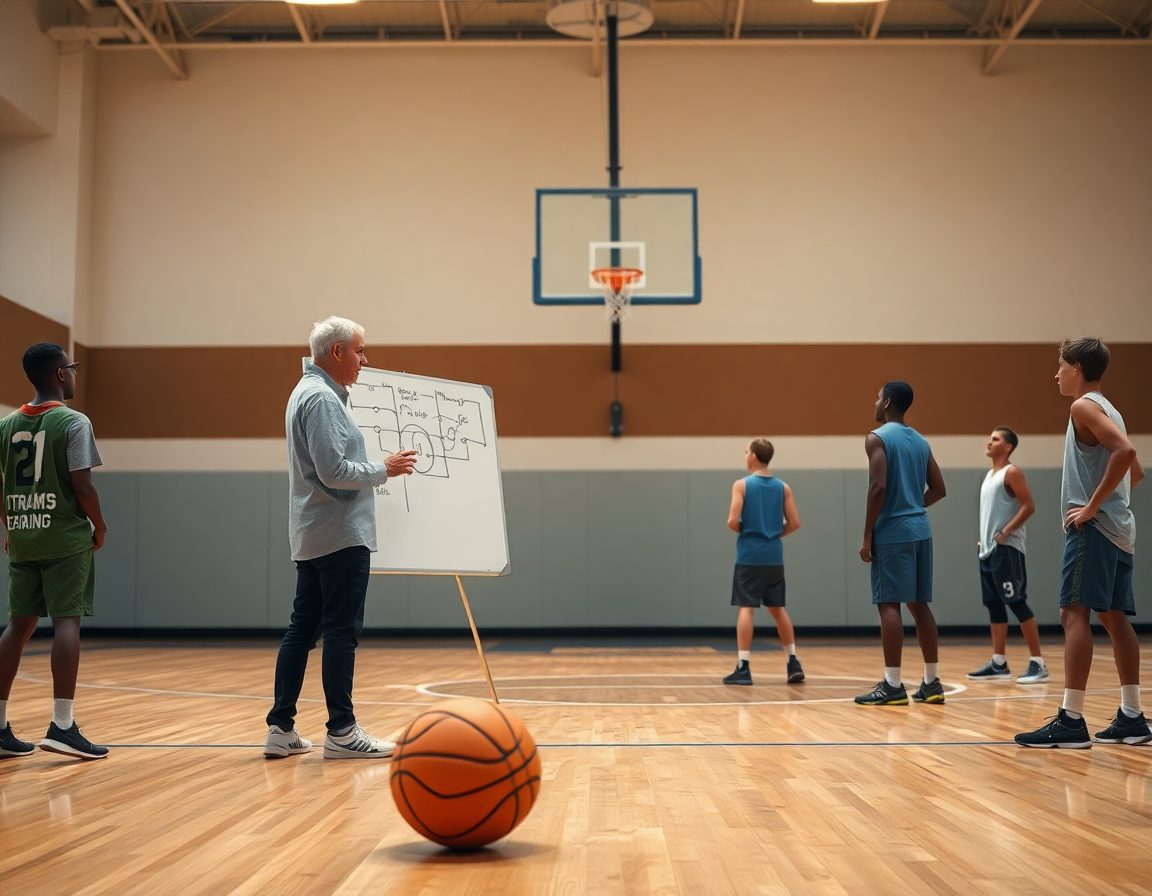 Širok kadar u terenu; trener objašnjava zašto mini kosarka zaslužuje mesto u nedeljnom planu.