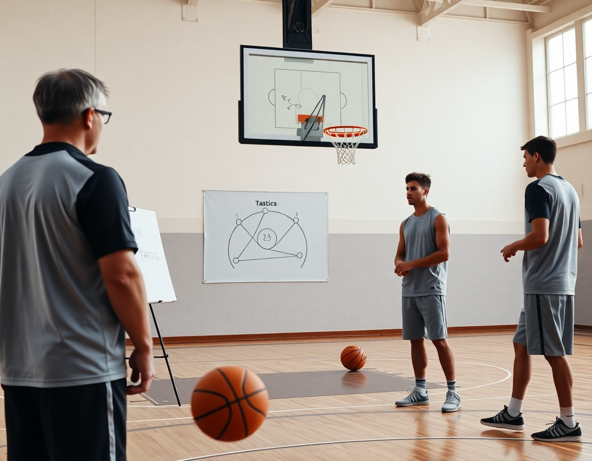 Trener koristi tablu taktike da pokaže jednostavan mini kosarka raspored dok četiri igrača gledaju.