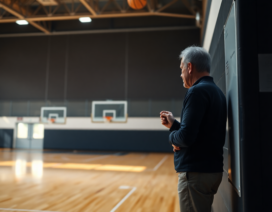 Coach explaining tactics on a gym whiteboard
