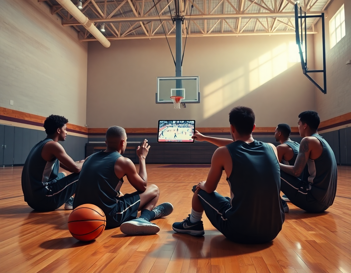Kratak kadar: igrači gledaju basketball video zapis na tabletu, trener objašnjava napredak mladih igrača.