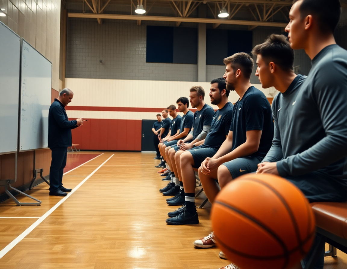 kosarkaski klub scena: trener sa tablom objašnjava igračima taktiku i pokrete na terenu.
