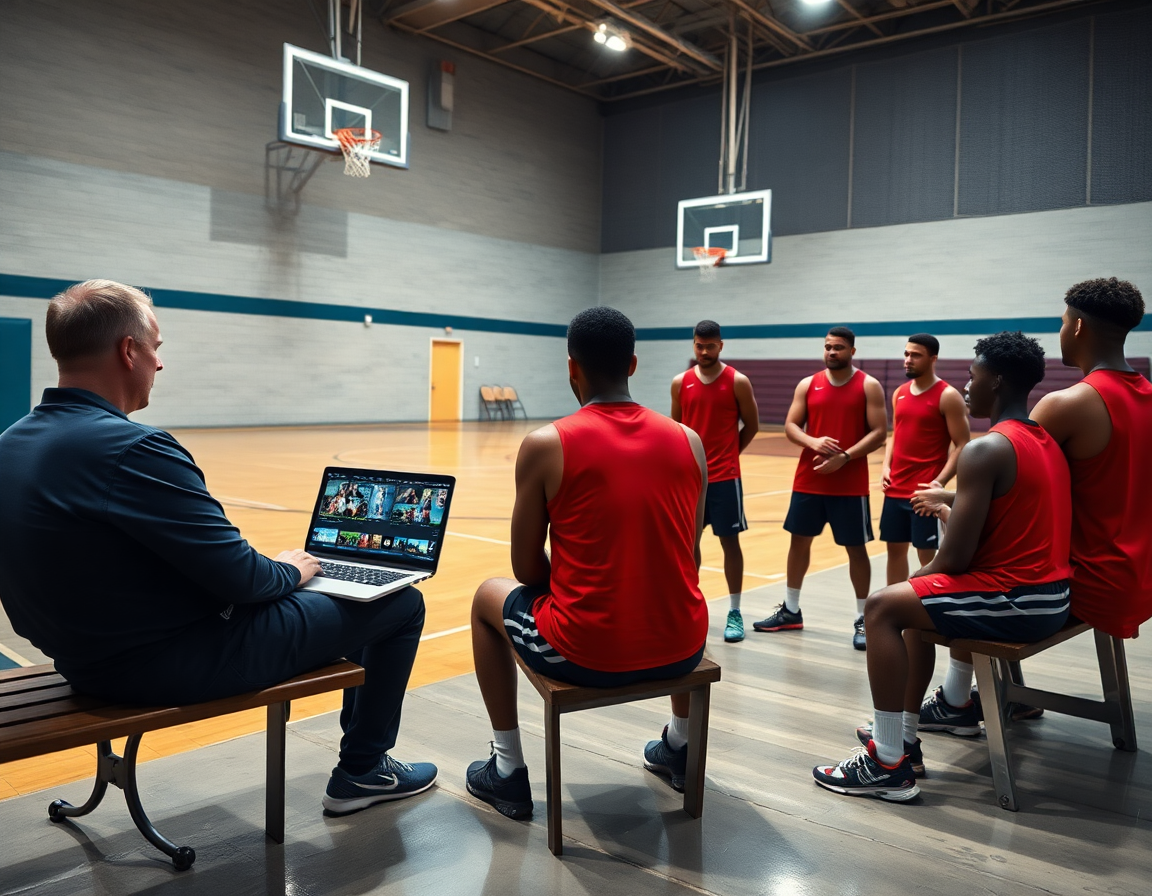 Video isečki u kosarkaski klub: trener na klupi pušta isečak na laptopu dok igrači gledaju.
