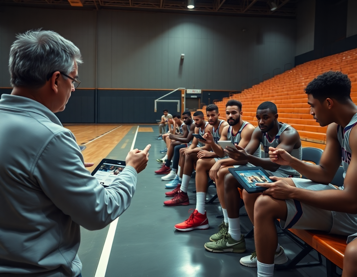 Playlist za kosarkaski klub: trener deli tablete igračima dok gledaju video isečke na klupi.