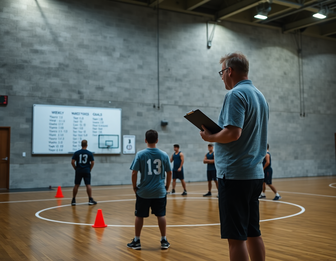 Kosarkaski trener objašnjava nedeljne ciljeve pored bele ploče dok igrači vežbaju dodavanje.