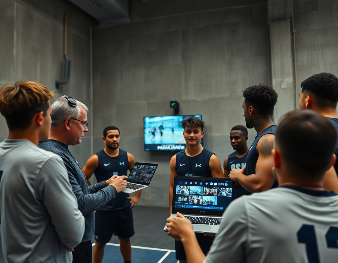 Kosarkaski trener pregleda video snimke na laptopu dok igrači gledaju ekran pored terena.