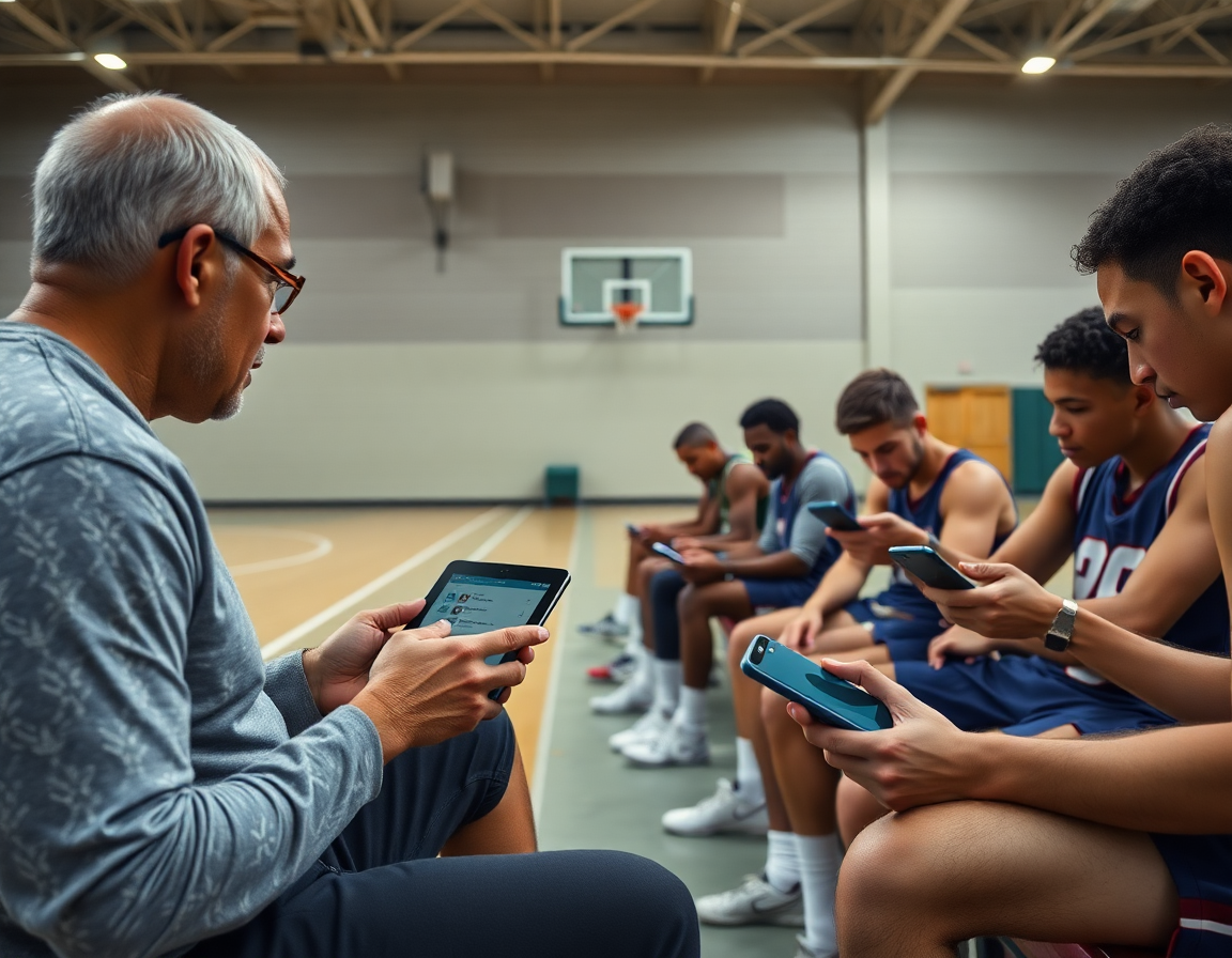 Kosarkaski trener organizuje plejlistu i deljene linkove dok igrači pretražuju materijal na telefonima.