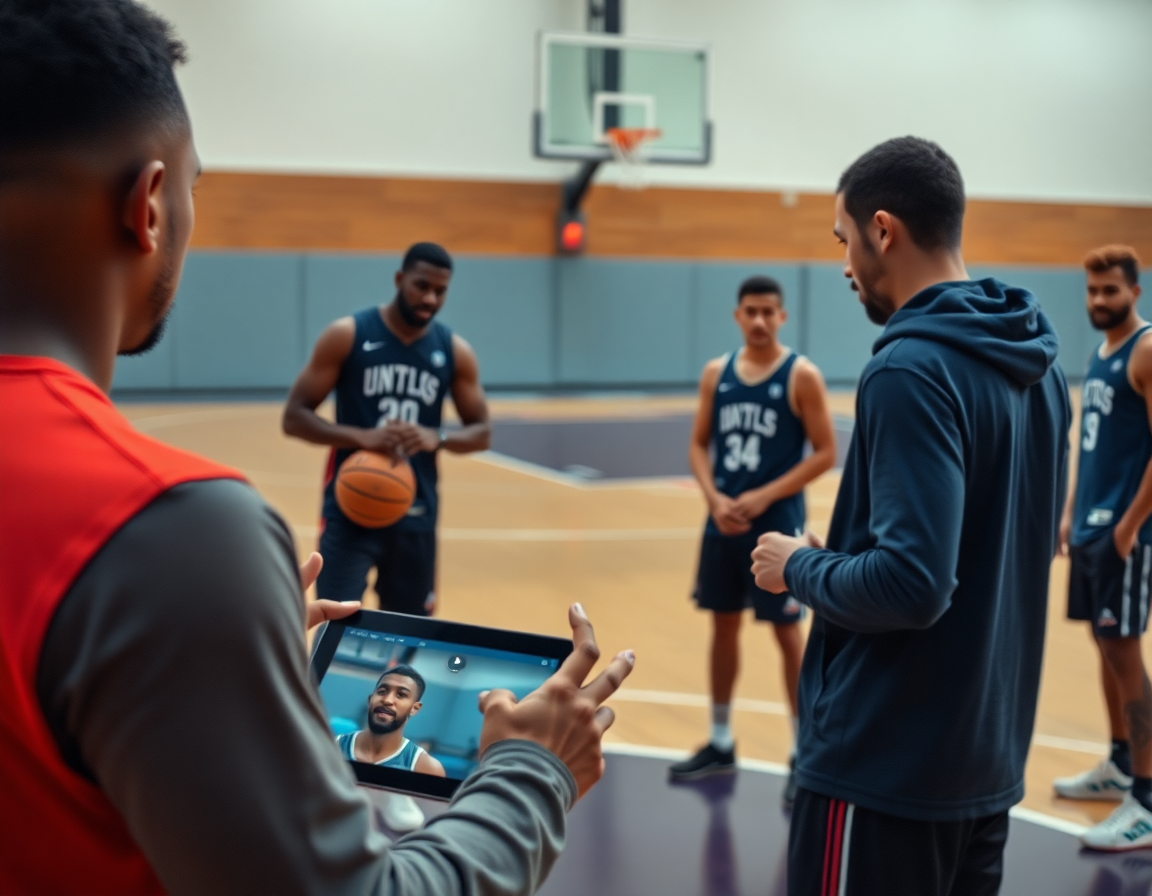 Trener organizuje video klipove na tabletu dok igrači stoje uz linije terena, basketball lebdi, zenska kosarka srbija.