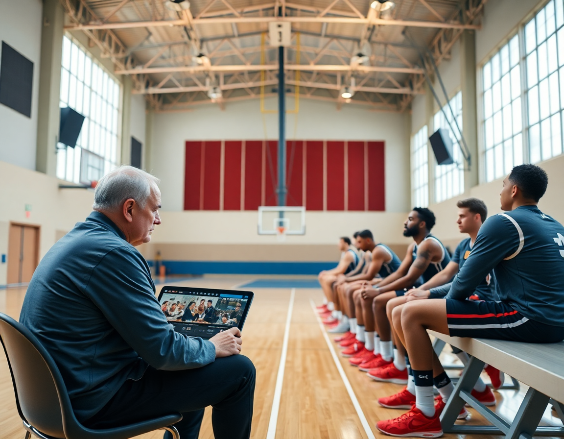 Trener i igrači gledaju izrezane basketball klipove za zenska kosarka srbija liga tokom pauze.