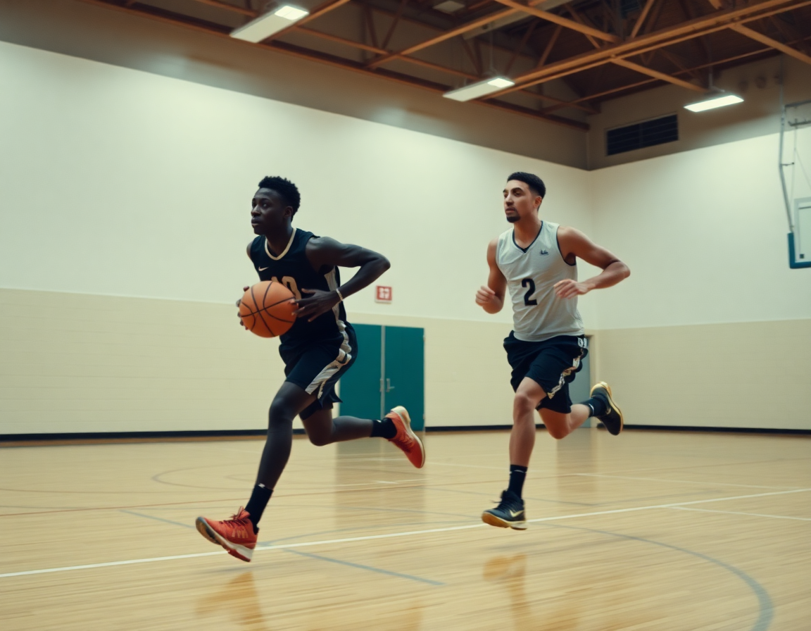 Players running a fast-break drill in practice